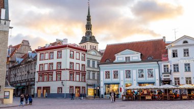 Tallinn, Estonia - October 19, 2022: Cityscape with Saint Olaf church and town hall square in the center of old medieval town of Tallinn in Estonia Unesco world heritage site