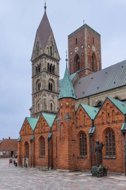 Ribe, Denmark - November 15, 2022: Cityscape with cathedral of little picturesque village Ribe In Southern Jutland in Denmark. Oldest city of Scandinavia
