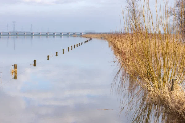 Blocked cycling road caused by flooded river IJssel near Welsum in Overijssel in The Netherlands