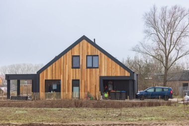 Olst Wijhe, The Netherlands - January 21, 2023: Construction of sustainable houses in Olstergaard a sustainable circular and nature inclusive neighbourhood in Olst Wijhe in Overijssel The Netherlands
