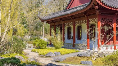 Haren, Hollanda - 5 Nisan 2023: Hollanda 'nın Groningen eyaleti Haren Belediyesi' nde bulunan Hortus Botanicus 'taki Suzhou' nun ünlü bahçesinden esinlenerek Çin Bahçe Krallığı