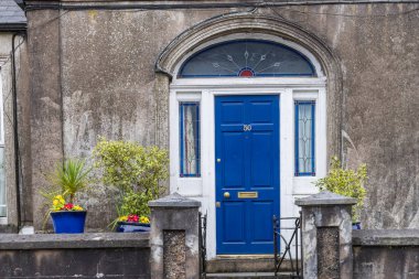 Etrafı duvarlarla çevrili çiçek saksıları ve İrlanda 'nın Cork Munster bölgesindeki Lee nehri boyunca uzanan mavi kapılı eski evlerle süslü ön bahçeler.