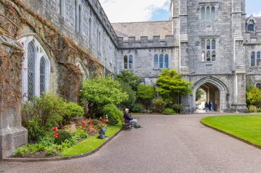 Cork, İrlanda - 17 Nisan 2023: İrlanda 'nın Avrupa bölgesindeki Cork Munster Üniversitesi' nde banklarda dinlenen adam