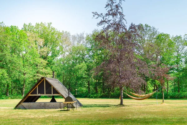 Camping Met Open Haard Hangmat Tussen Bomen Een Zonnige Dag — Stockfoto