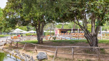 Selanik, Yunanistan - 29 Nisan 2023: Yunanistan 'ın orta kesimindeki Selanik' te restoran ve kaplumbağalarla Pendion Areos halk parkı