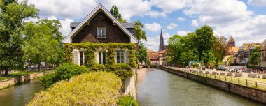 Strasbourg, Fransa - 14 Mayıs 2023: Fransa 'nın Ren nehri boyunca uzanan Elsace bölgesindeki eski Strasbourg kasabasında dağcılık bitkileriyle kaplı ev