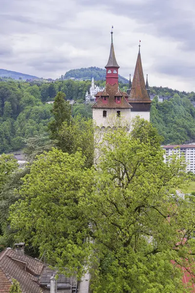 Overzicht Van Luzern Meer Van Musegg Muur Genaamd Musseggmauer Uitkijktoren — Stockfoto