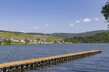 Almanya 'nın Rhineland-Palatinate bölgesindeki Moselle nehri boyunca Mehring köyünün manzarası