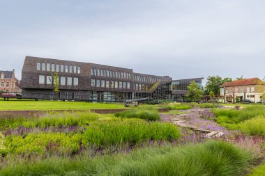 Hollanda, Drenthe 'deki Coevorden Şatosu ve belediye binası yakınlarında mor ve mavi çiçekli güzel bir park ve bahçe.