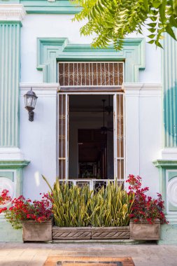 Nikaragua Orta Amerika 'daki Nikaragua Cocibolca Gölü kıyısındaki Granada' da tropik bitkiler sansevieria ve bougainvillea ile sömürge binasına giriş