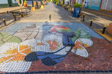 Granada, Nikaragua - 20 Mart 2024: Ulusal kuş turkuvaz kaş mozaik sanatı Callle la Calzada restoranları ve Nikaragua Orta Amerika 'da bar caddesi