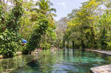 Ometepe, Nikaragua - 21 Mart 2024: İnsanlar Nikaragua 'nın güneybatısındaki Cocibolca Gölü' ndeki Ometepe Adası 'nda Doğa Koruma Alanı' nda ve Ojo de Agua havuzunda eğleniyorlar. Doğal havuzda yüzmek.