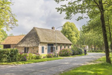 Gees, Hollanda - 22 Haziran 2024: Hollanda, Drenthe 'deki Gees köyünde bisiklet süren yaşlı motorcu çift