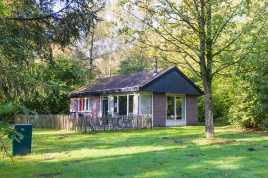 Hollanda 'nın Drenthe eyaletinde doğal yeşil sonbahar ortamında küçük kulübeler.