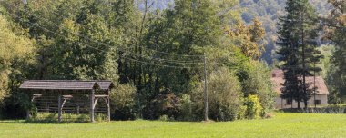 Slovenya 'daki Kozjanski bölgesel parkında geleneksel Sloven kuru saman rafı