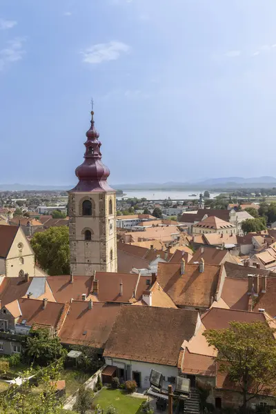 Slovenya 'nın Styria bölgesinde ana şehir kulesi ve Drava nehri bulunan ortaçağ Ptuj şatosundan manzara