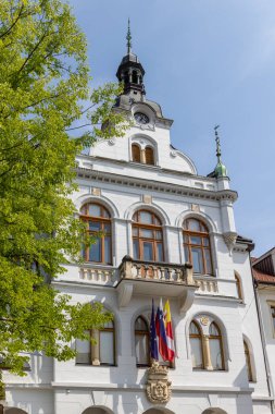 Novo mesto, Slovenya - 1 Eylül 2024: Slovenya 'nın Dolenjska bölgesindeki Krka nehri boyunca yer alan Novo mesto kasabası belediye binası