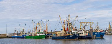 Lauwersoog, Hollanda - 18 Nisan 2025: Hollanda limanı Lauwersoog 'da Hollanda' nın Groningen kentindeki Waddensea boyunca karides balıkçı tekneleri