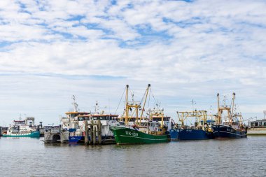 Lauwersoog, Hollanda - 18 Nisan 2025: Hollanda limanı Lauwersoog 'da Hollanda' nın Groningen kentindeki Waddensea boyunca karides balıkçı tekneleri