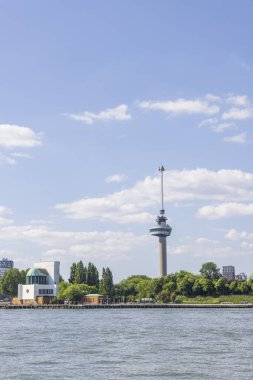 Skyline Rotterdam with famous Euromast tower and Maas tunnel building in port city in South-Holland the west of the Netherlands