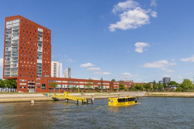 Rotterdam, Hollanda - 9 Mayıs 2025: Hollanda 'nın Rotterdam liman kentinde Katendrecht yarımadası boyunca su otobüsü ile turist turu