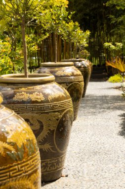 Leiden, The Netherlands - May 25, 2025: Chinese garden with beautfiul decorated pots with citrus trees in Hortus Botanicus Leiden in South-Holland in The Netherlands