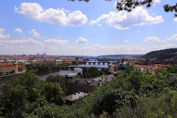 Broar Över Floden Vltava Prag Solig Dag Mot Blå Himmel — Stockfoto
