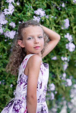 Mor çiçekli çalıların yanındaki mor elbiseli kız. Yüksek kalite fotoğraf