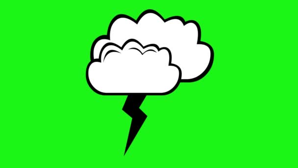 黒と白で描かれた雷や雷と雲のアイコンのアニメーション 緑色のクロムキーの背景に — ストック動画