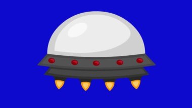 UFO çizgi filmi. Alevler hareket ediyor ve ışıklar yanıp sönüyor. Mavi krom anahtar arka planında