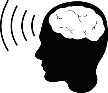 Telepati kavramında beyin dalgaları olan birinin siyah siluetinin vektör simgesi.