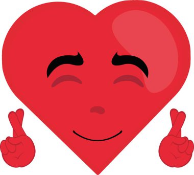vector illustration of cartoon character of a heart with a cheerful expression, crossing the fingers of the hands, in concept of asking for a wish or good luck clipart