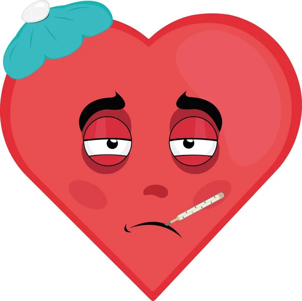 彼の頭の上に水の袋と彼の口の中に温度計と心臓 病気のベクトル漫画のキャラクターイラスト — ストックベクタ