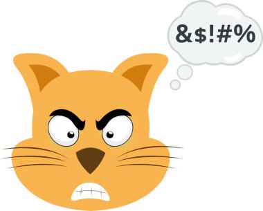 Kızgın bir ifadeyle çizgi film kedisinin yüzünün vektör çizimi ve hakaret içeren bir düşünce bulutu.