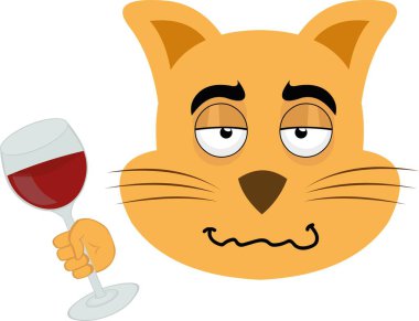 Elinde bir bardak şarap olan sarhoş bir çizgi film kedisinin vektör çizimi.
