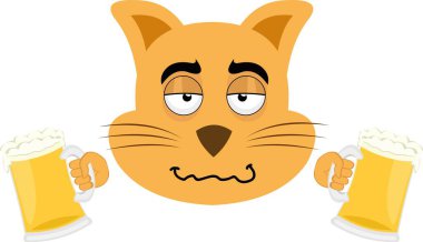Elinde bira olan sarhoş bir çizgi film kedisinin vektör çizimi.