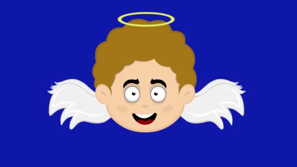 Анимация Ангельского Мальчика Двигающего Крыльями Веселым Выражением Лица Голубом Фоне — стоковое видео