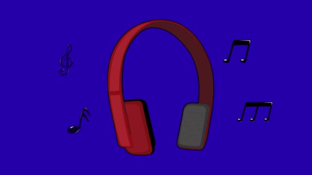 Animatie Van Rode Koptelefoon Muzieknoten Een Blauwe Chroma Key Achtergrond — Stockvideo