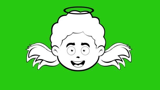 动漫中天使小孩的脸在动动翅膀 画的是黑白相间的 在绿色的彩色键背景上 — 图库视频影像