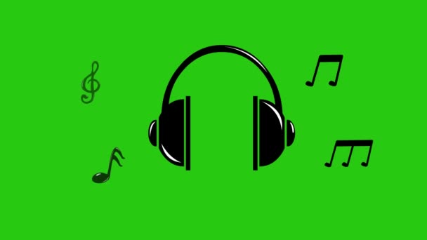 Animace Ikony Sluchátek Hudebními Notami Konceptu Poslechu Hudby Zeleném Pozadí — Stock video