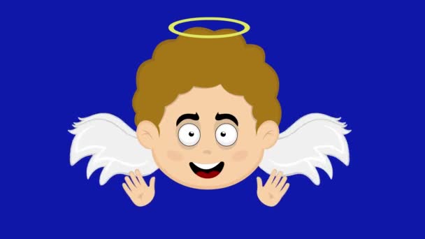 儿童天使卡通人物的脸上洋溢着欢快的表情 挥动着翅膀 挥动着双手 在蓝色的铬键背景 — 图库视频影像