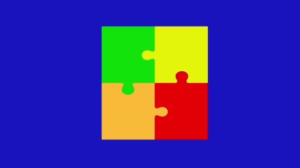 Animation Jigsaw Puzzle Pieces Assembling Blue Chrome Key Background — Stock Video