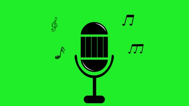 Анимация Иконки Микрофона Музыкальными Нотами Зеленом Фоне Хромированного Ключа — стоковое видео