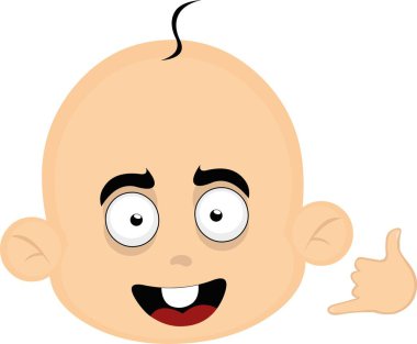 Yüzünde neşeli bir ifade olan bir bebek çizgi filminin vektör çizimi, beni telefonla aramak ya da sallamak için klasik bir el hareketi yapıyor.