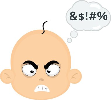 Kızgın bir ifadeyle bir bebek çizgi filminin vektör çizimi ve hakaret içeren bir düşünce bulutu.