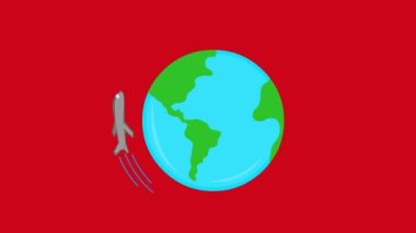 animation of a plane touring the planet earth around, on a red chrome key background