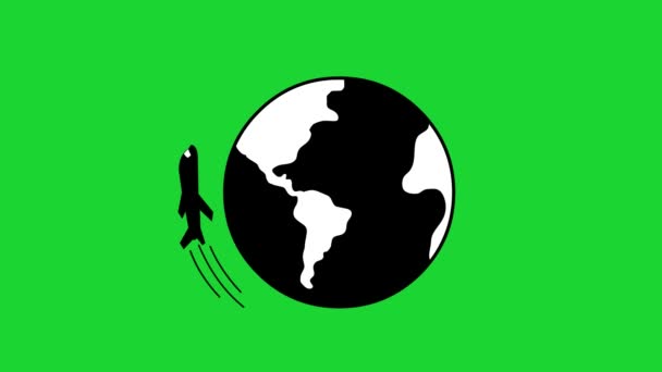 Icon Animation Plane Traveling World Drawn Black White Green Chrome — Video Stock