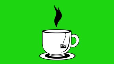 animation of tea cup with steam moving, drawn in black and white. On a green chrome key background
