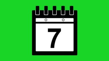 icon animation of an almanac calendar drawn in black and white, counting 31 days. On a green chrome key background