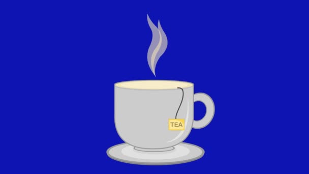 Анимация Чашки Чая Движущимся Паром Голубом Хромированном Фоне — стоковое видео